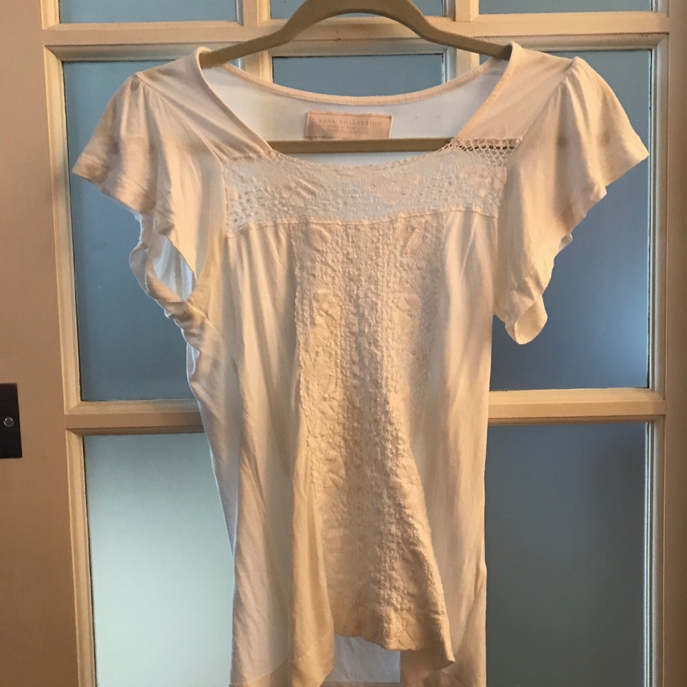 Zara white t-shirt; crochet panel; tulip sleeve